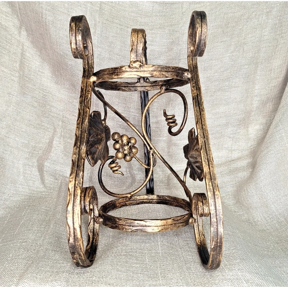 Wrought Iron Wine Bottle Holder Server Black Gilded Grapes Vines Antiqued Finish